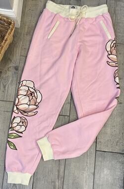 Carmico Corsage Peony Pink Graphic Jogger Sweatpants Cottagecore Size Small